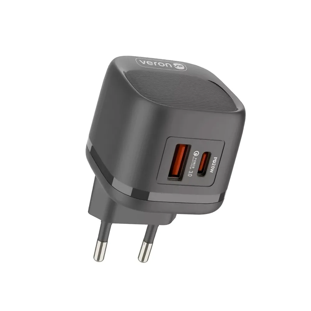 Блок живлення Veron TC20 20W PD USB-C/USB-A з кабелем Type-C для телефону, кільцевих ламп Блок живлення Veron TC20 20W PD USB-C/USB-A з кабелем Type-C для телефону, кільцевих ламп