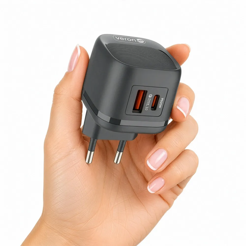 Блок живлення Veron TC20 20W PD USB-C/USB-A з кабелем Type-C для телефону, кільцевих ламп Блок живлення Veron TC20 20W PD USB-C/USB-A з кабелем Type-C для телефону, кільцевих ламп