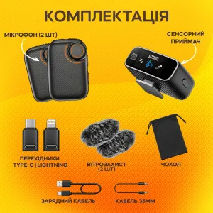 Профессиональный микрофон петличка с адаптерами Lightning, Type-C, 3.5 мм для записи звука на телефон, картинка 1