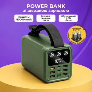Повербанк 60000 mAh с быстрой зарядкой PD 30W, USB 22,5W и LED-фонарем + 2 USB-провода для Wi-Fi роутера 9V/12V в подарок