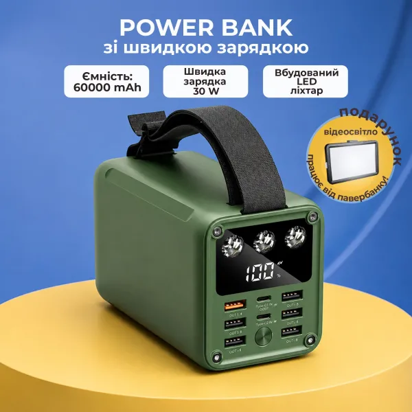 Повербанк 60000 mAh с быстрой зарядкой PD 30W, USB 22,5W и LED-фонарем + светодиодная LED-лампа 10х15 см USB в подарок