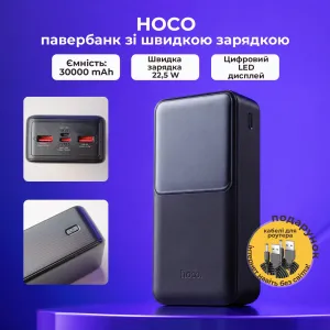 Повербанк Hoco 30000 mAh 22,5w+PD20W с быстрой зарядкой + 2 USB-провода для вай-фай роутера 9V/12V в подарок
