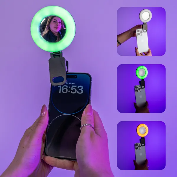 Накамерный кольцевой свет Plokama RGB с зеркалом на прищепке для телефона, ноутбука