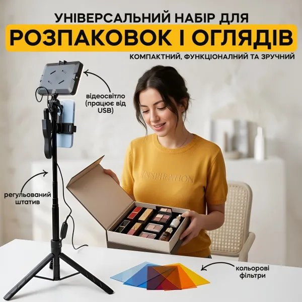Монопод для предметной съемки 153см + видеосвет размером 10х15см с цветными пластинками
