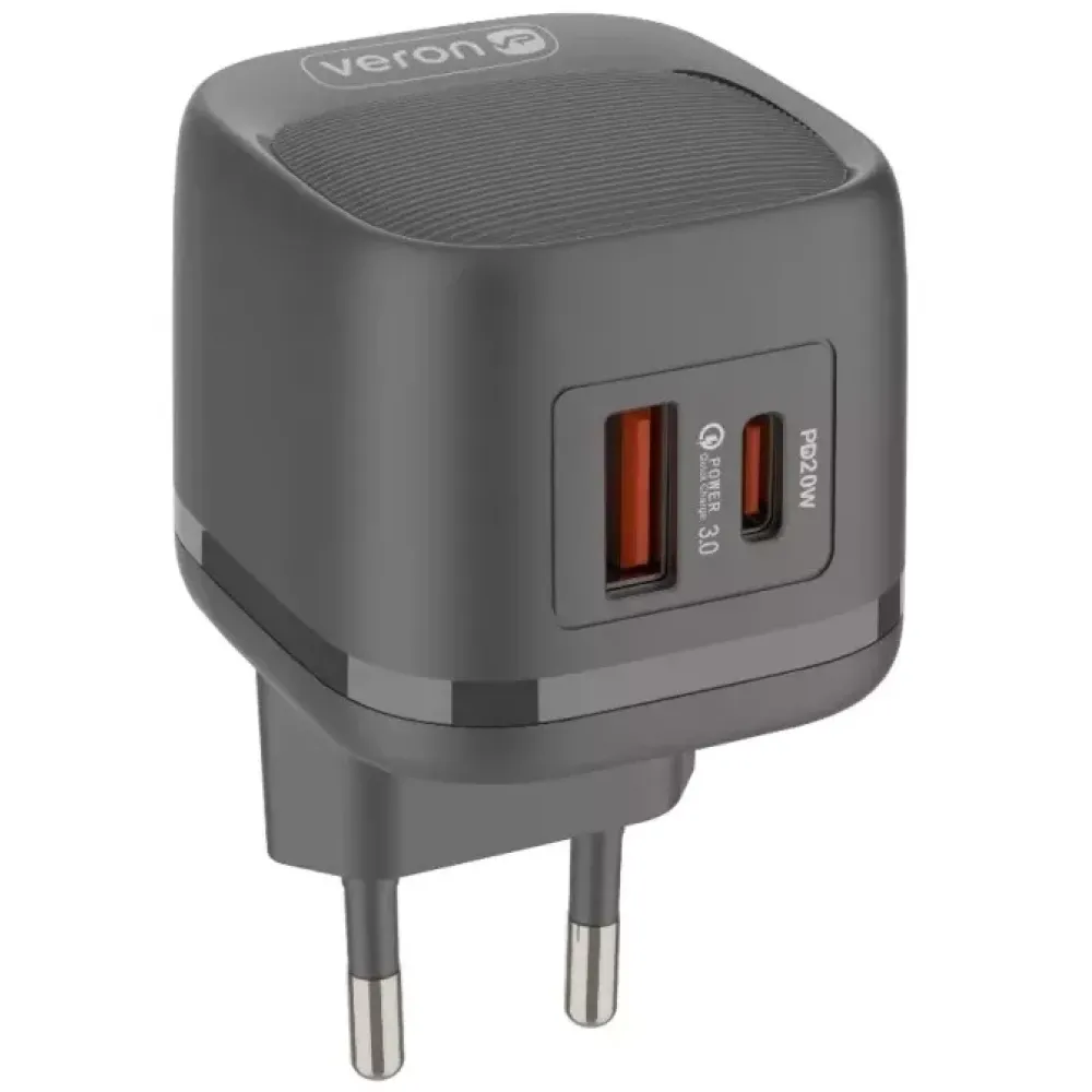 Блок живлення Veron TC20 20W PD USB-C/USB-A з кабелем Type-C для телефону, кільцевих ламп Блок живлення Veron TC20 20W PD USB-C/USB-A з кабелем Type-C для телефону, кільцевих ламп