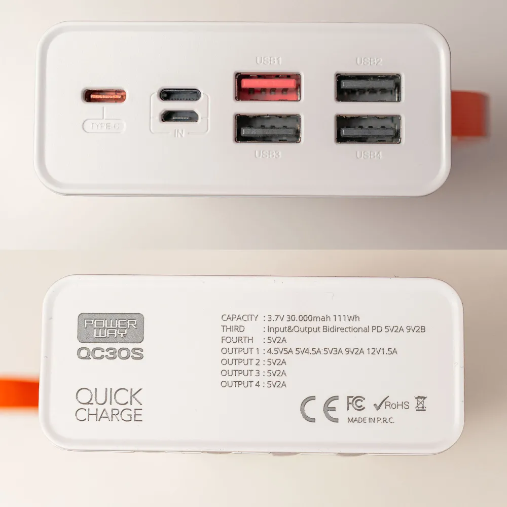 Повербанк Power Way 30000 mAh 22,5W з вбудованими кабелями + 2 USB-дроти для вай фай роутера 9V/12V в подарунок Повербанк Power Way 30000 mAh 22,5W з вбудованими кабелями + 2 USB-дроти для вай фай роутера 9V/12V в подарунок
