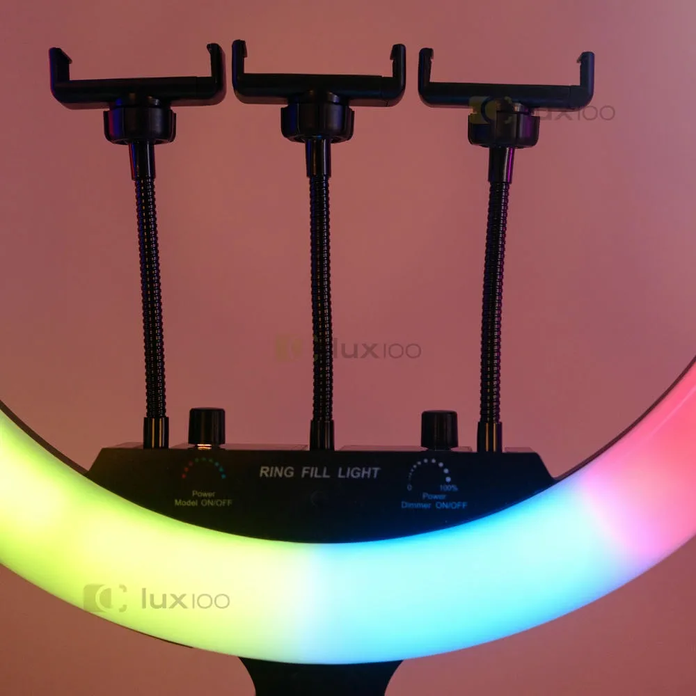 Профессиональная кольцевая лампа 45 см RGB со штативом на 2,1 м с удобными димерами на корпусе Профессиональная кольцевая лампа 45 см RGB со штативом на 2,1 м с удобными димерами на корпусе