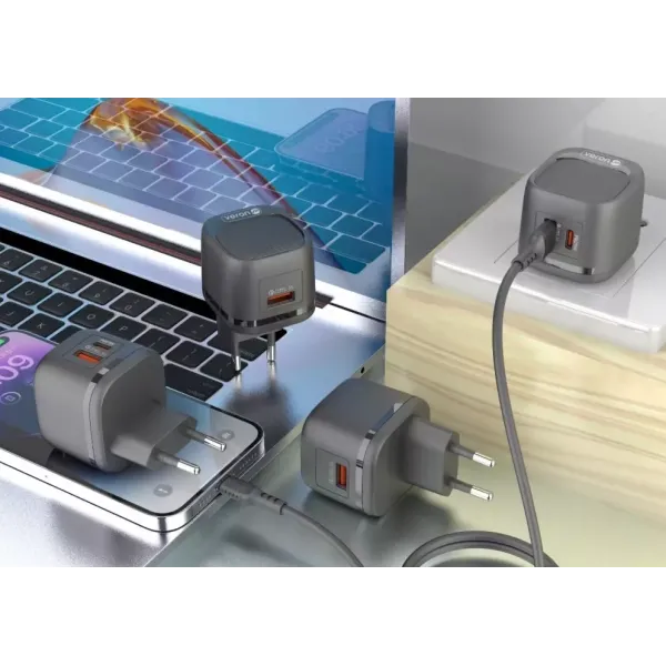 Блок питания Veron TC20 20W PD USB-C/USB-A с кабелем Type-C для телефона, кольцевых ламп Блок питания Veron TC20 20W PD USB-C/USB-A с кабелем Type-C для телефона, кольцевых ламп