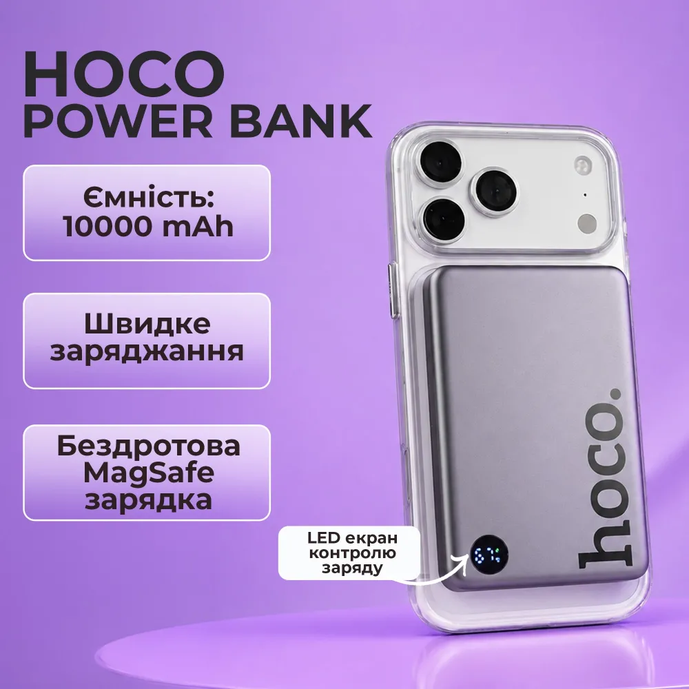 Магнитный повербанк MagSafe HOCO 10000 mAh с Type-C и беспроводной зарядкой Магнитный повербанк MagSafe HOCO 10000 mAh с Type-C и беспроводной зарядкой