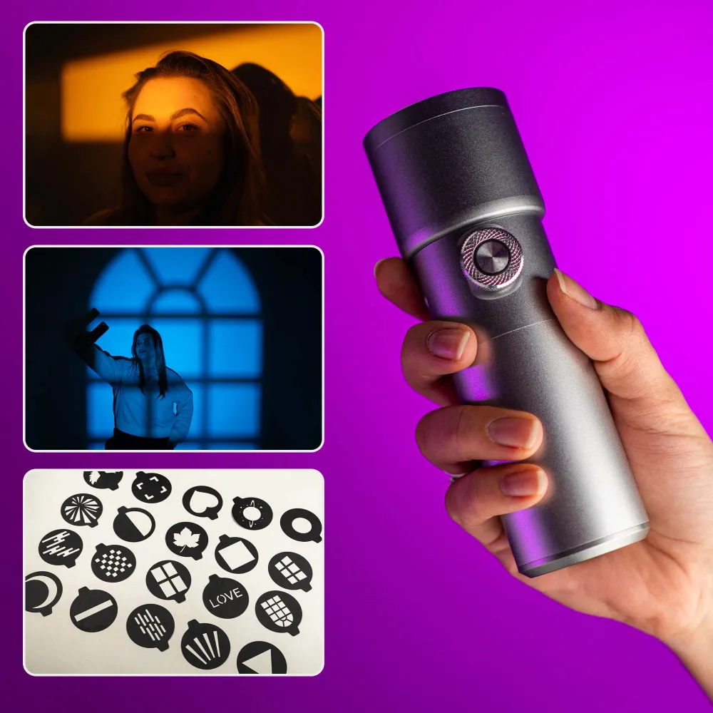 Фотофонарь на аккумуляторе с трафаретами для креативного фона фото и видео Фотофонарь на аккумуляторе с трафаретами для креативного фона фото и видео