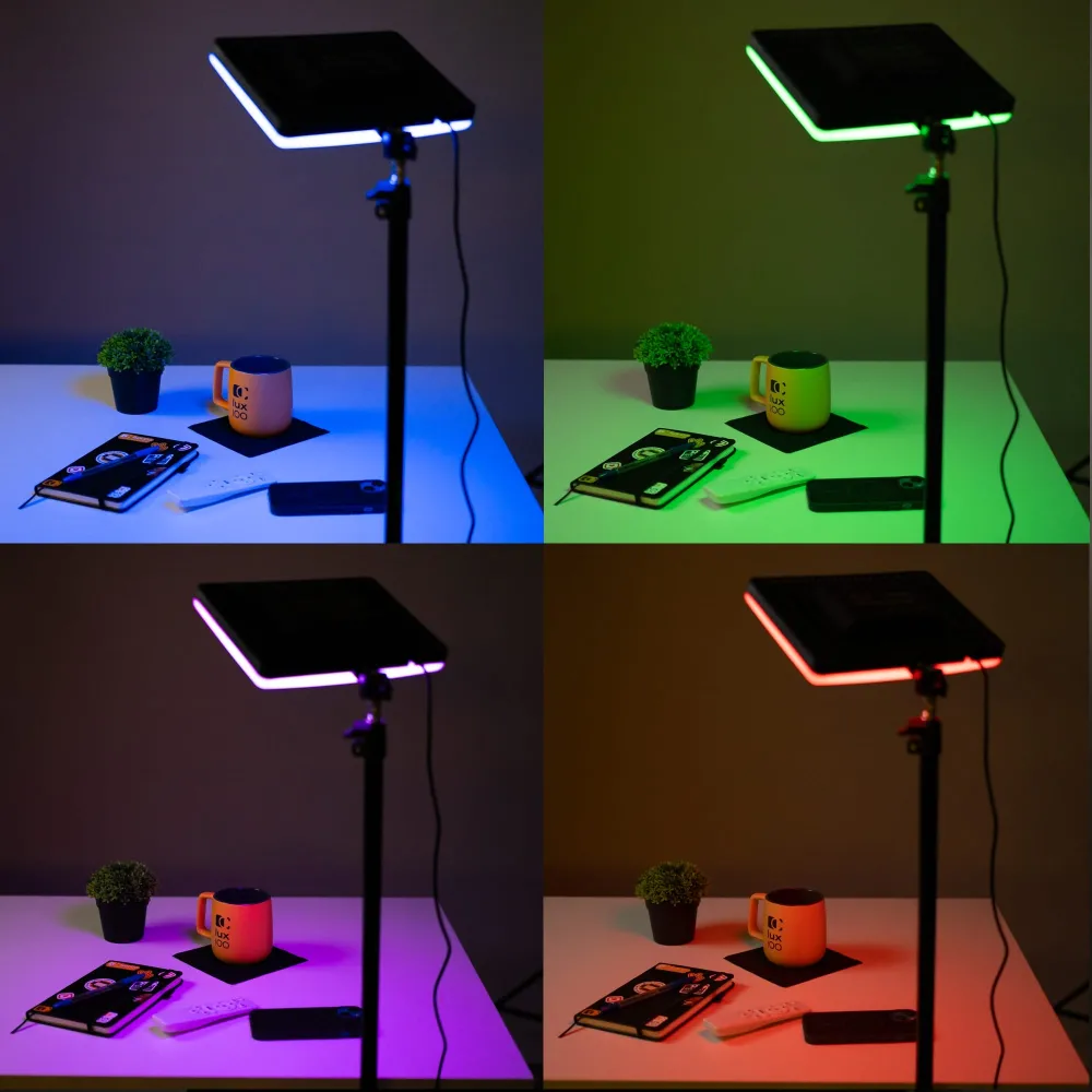 Студийный цветной видеосвет RGB 23х16 см со штативом 2.1 м Студийный цветной видеосвет RGB 23х16 см со штативом 2.1 м